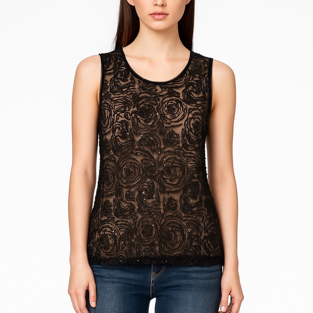 Max Studio Black Sequin Floral Lace Tank Top Sheer Mesh Overlay Evening Small